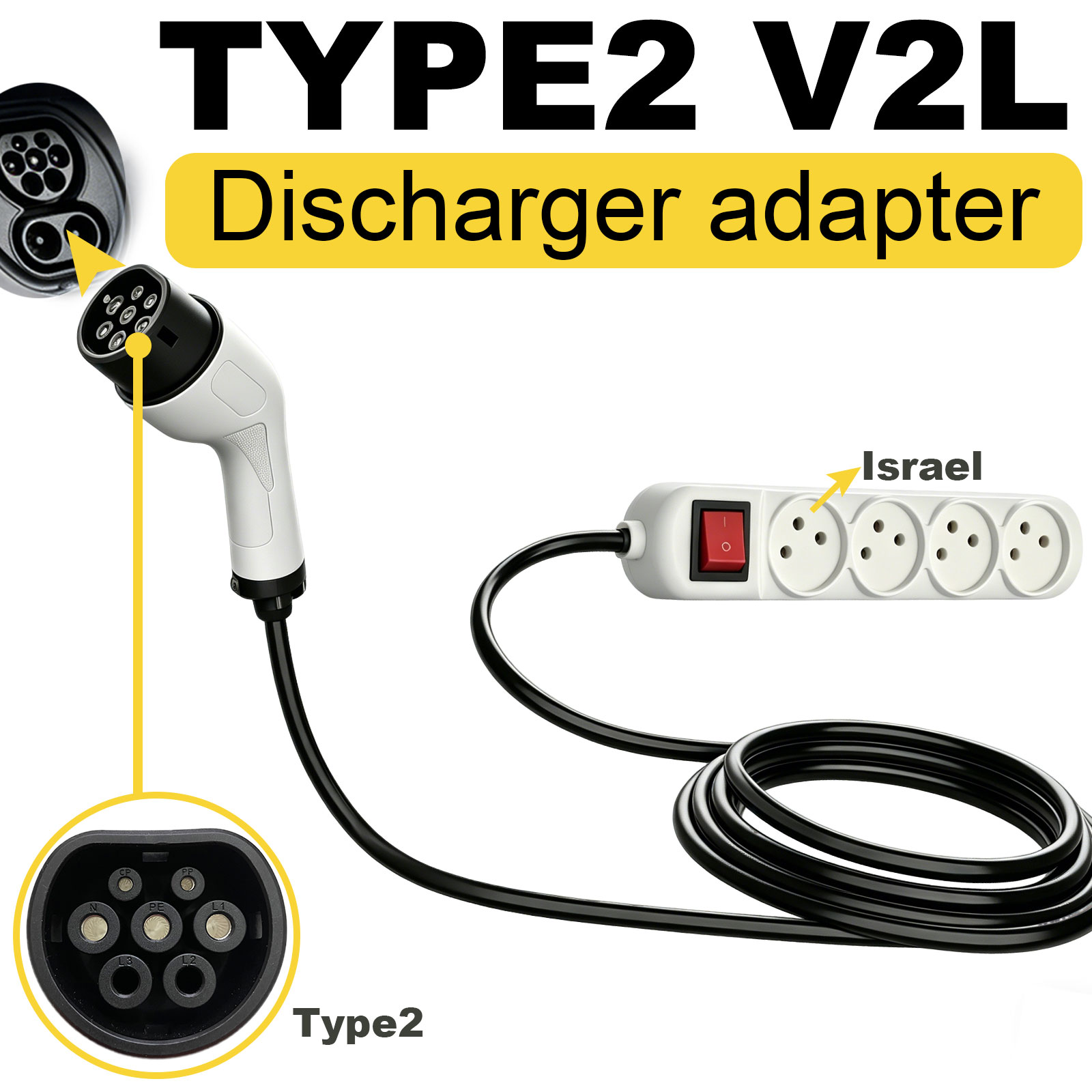 Outdoor Powerwall - Typ2 V2L Entladeadapter Israel-Steckdose EV zu